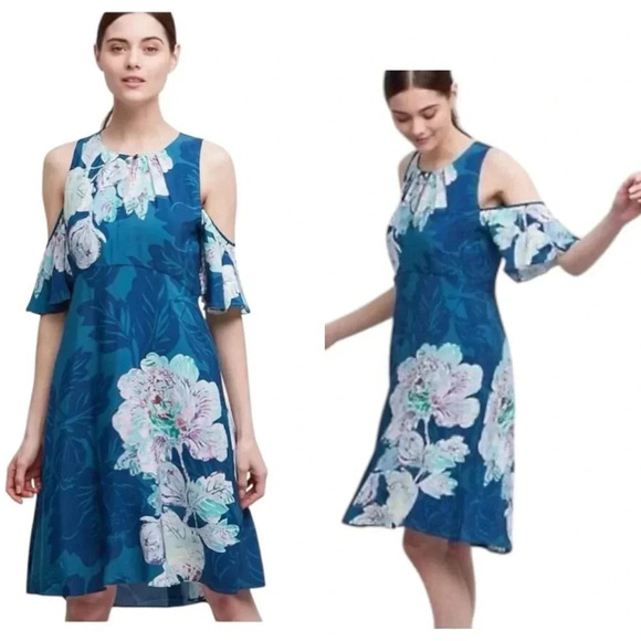ANTHROPOLOGIE MAEVE | Elia Floral Open - Shoulder Dark Turquoise Dress Size 8 - Picture 1 of 13